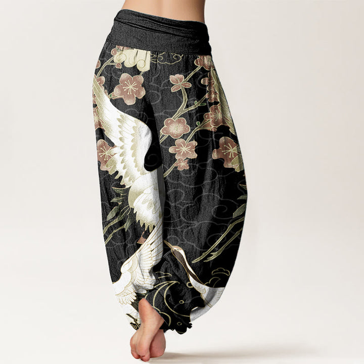 Pantalones Buddha Stones de algodón puro con diseño de grullas, flores y nubes auspiciosas para mujer, con cintura elástica