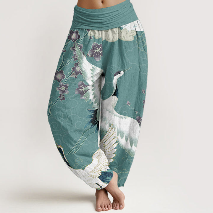 Pantalones Buddha Stones de algodón puro con diseño de grullas, flores y nubes auspiciosas para mujer, con cintura elástica