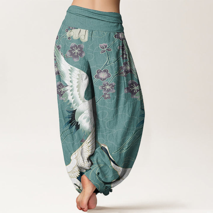 Pantalones Buddha Stones de algodón puro con diseño de grullas, flores y nubes auspiciosas para mujer, con cintura elástica