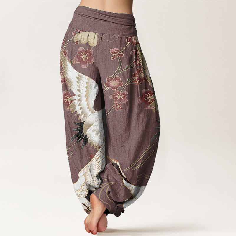 Pantalones Buddha Stones de algodón puro con diseño de grullas, flores y nubes auspiciosas para mujer, con cintura elástica