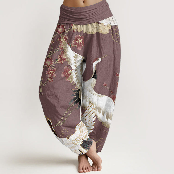 Pantalones Buddha Stones de algodón puro con diseño de grullas, flores y nubes auspiciosas para mujer, con cintura elástica