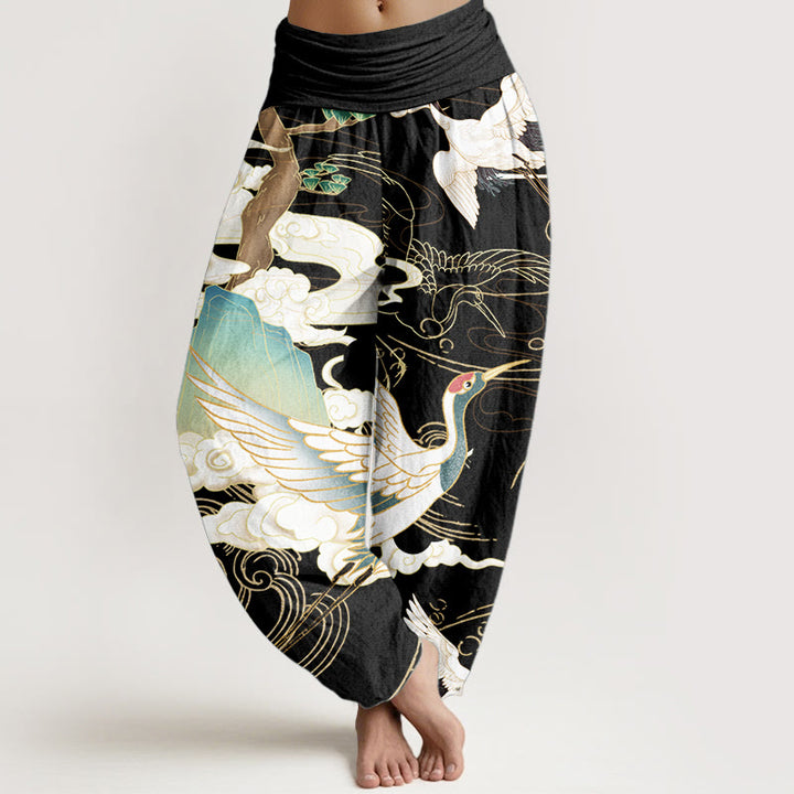 Pantalones harén de cintura elástica para mujer con diseño de grullas voladoras de algodón puro y Buddha Stones , árbol de nubes auspiciosas