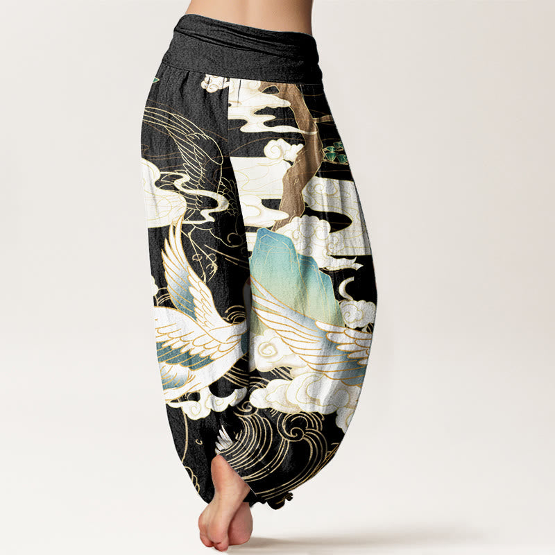 Pantalones harén de cintura elástica para mujer con diseño de grullas voladoras de algodón puro y Buddha Stones , árbol de nubes auspiciosas