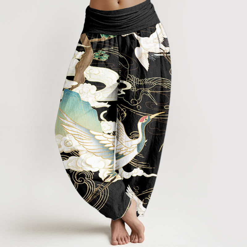 Pantalones harén de cintura elástica para mujer con diseño de grullas voladoras de algodón puro y Buddha Stones , árbol de nubes auspiciosas - Negro - US22，UK/AU26，EU54 (6XL) - image 0