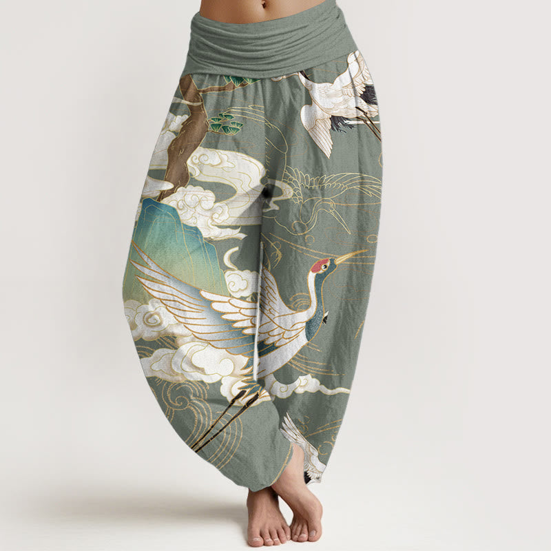 Pantalones harén de cintura elástica para mujer con diseño de grullas voladoras de algodón puro y Buddha Stones , árbol de nubes auspiciosas