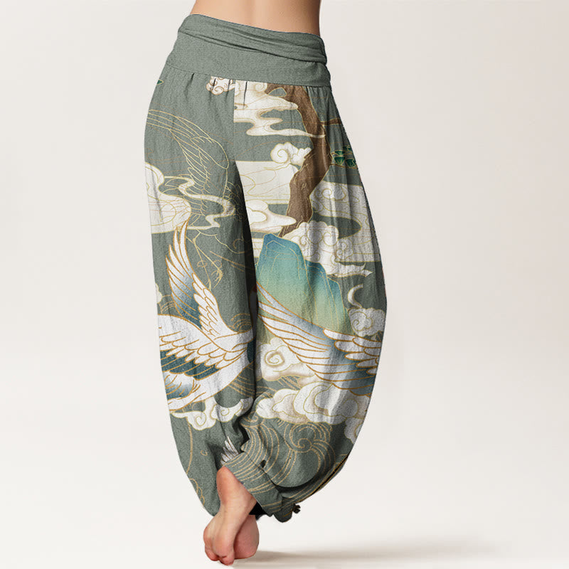 Pantalones harén de cintura elástica para mujer con diseño de grullas voladoras de algodón puro y Buddha Stones , árbol de nubes auspiciosas