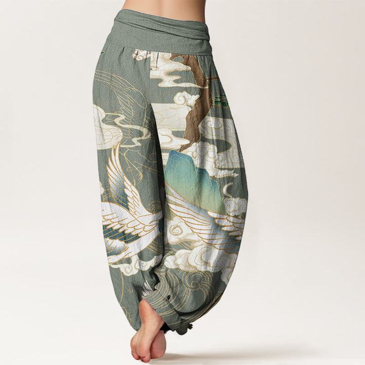 Pantalones harén de cintura elástica para mujer con diseño de grullas voladoras de algodón puro y Buddha Stones , árbol de nubes auspiciosas