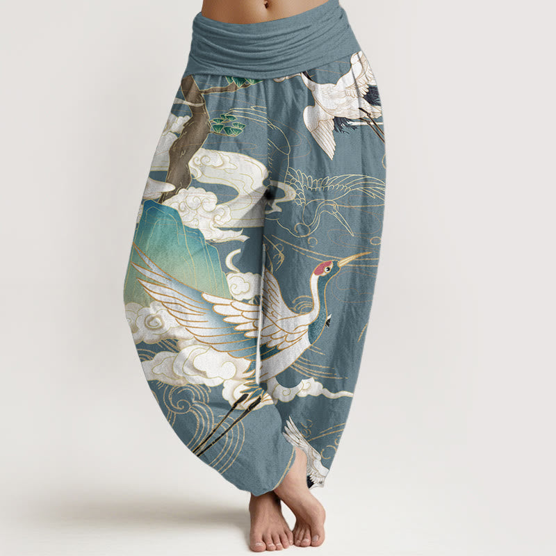 Pantalones harén de cintura elástica para mujer con diseño de grullas voladoras de algodón puro y Buddha Stones , árbol de nubes auspiciosas