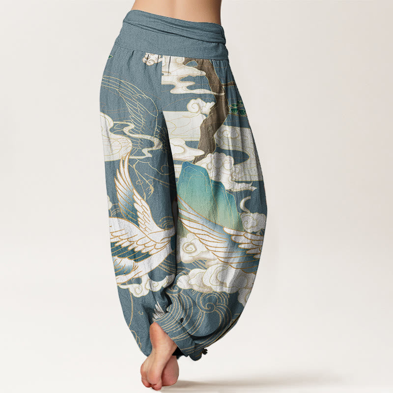 Pantalones harén de cintura elástica para mujer con diseño de grullas voladoras de algodón puro y Buddha Stones , árbol de nubes auspiciosas