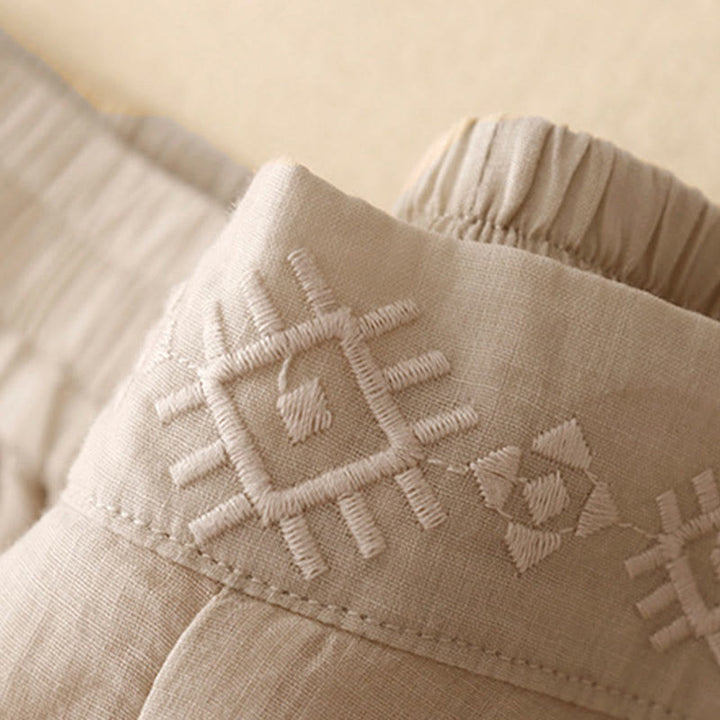Pantalones anchos de lino y algodón para mujer con cintura elástica y bordado geométrico de Buddha Stones y bolsillos. - image 15