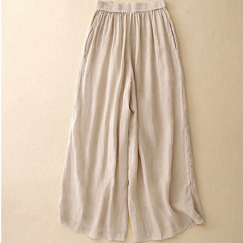 Pantalones anchos de lino y algodón para mujer con cintura elástica y bordado geométrico de Buddha Stones y bolsillos. - image 12