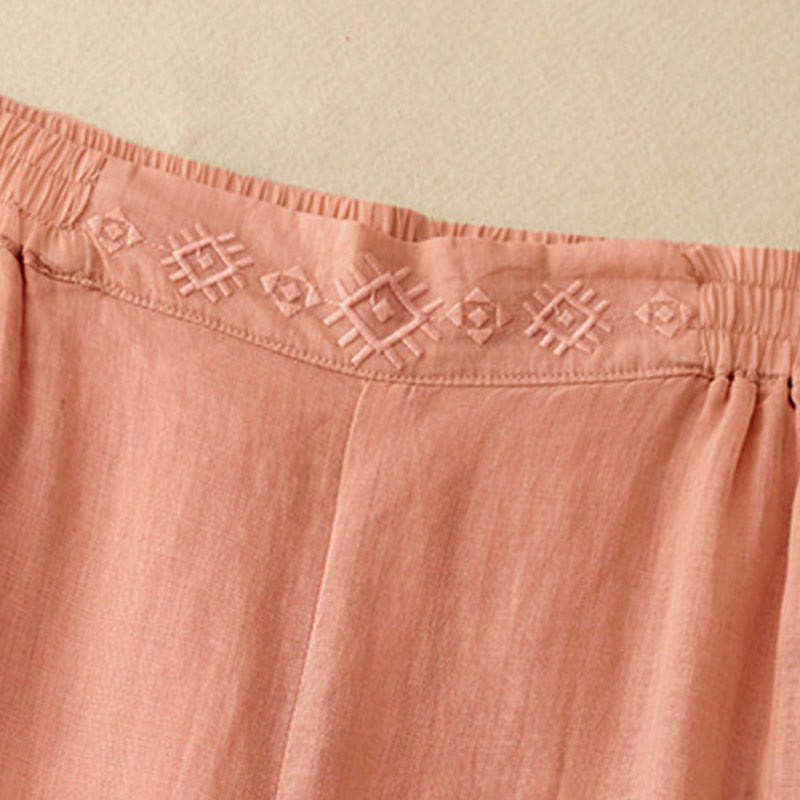 Pantalones anchos de lino y algodón para mujer con cintura elástica y bordado geométrico de Buddha Stones y bolsillos. - image 2