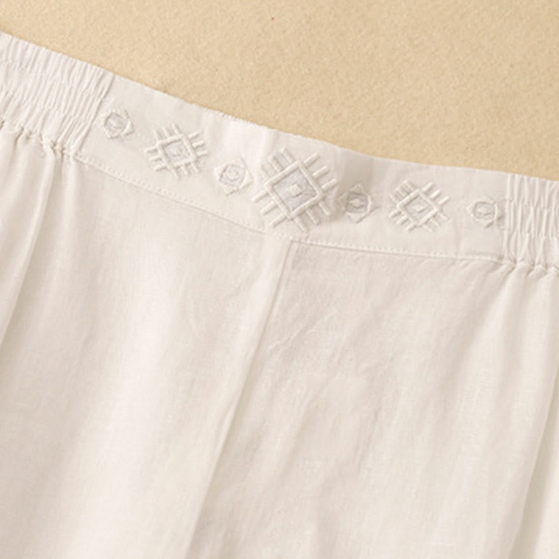 Pantalones anchos de lino y algodón para mujer con cintura elástica y bordado geométrico de Buddha Stones y bolsillos. - image 21