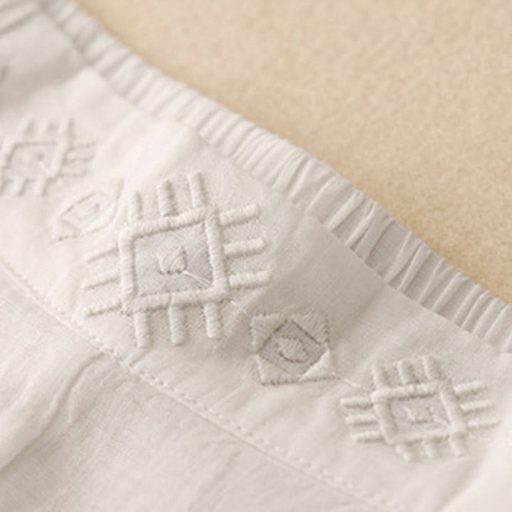 Pantalones anchos de lino y algodón para mujer con cintura elástica y bordado geométrico de Buddha Stones y bolsillos. - image 22