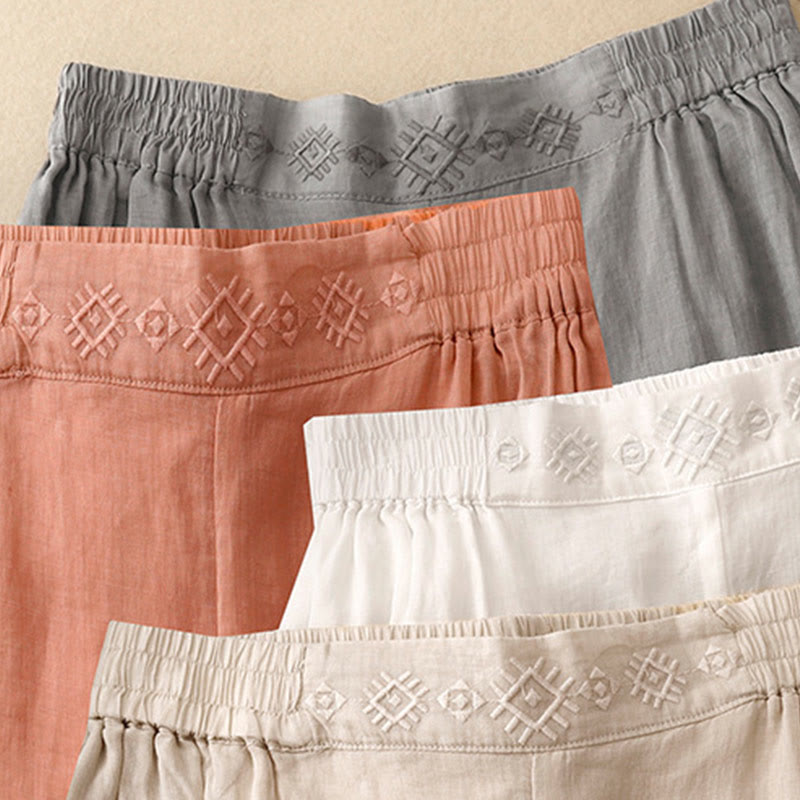 Pantalones anchos de lino y algodón para mujer con cintura elástica y bordado geométrico de Buddha Stones y bolsillos. - image 26