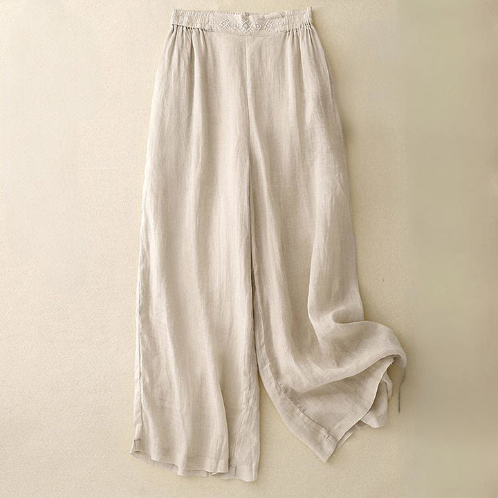 Pantalones anchos de lino y algodón para mujer con cintura elástica y bordado geométrico de Buddha Stones y bolsillos. - Beige - US8-10，UK/AU12-14，EU40-42 (2XL) - image 11