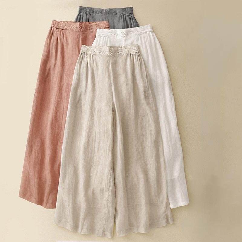 Pantalones anchos de lino y algodón para mujer con cintura elástica y bordado geométrico de Buddha Stones y bolsillos. - image 25