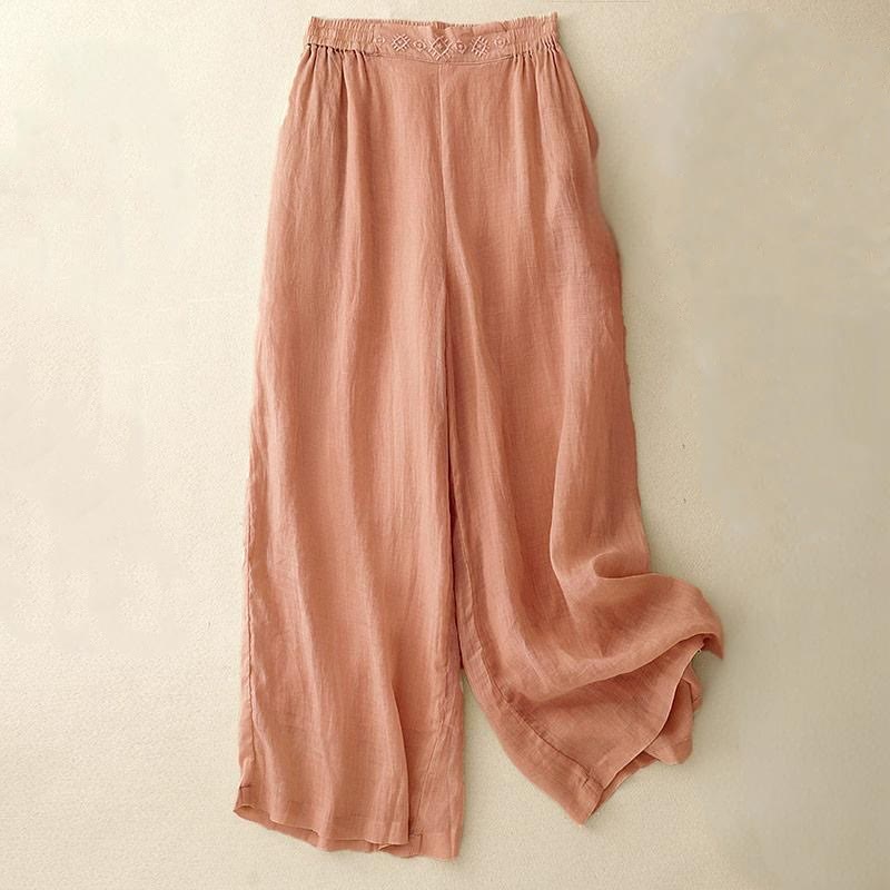 Pantalones anchos de lino y algodón para mujer con cintura elástica y bordado geométrico de Buddha Stones y bolsillos. - Salmón claro - US8-10，UK/AU12-14，EU40-42 (2XL) - image 0