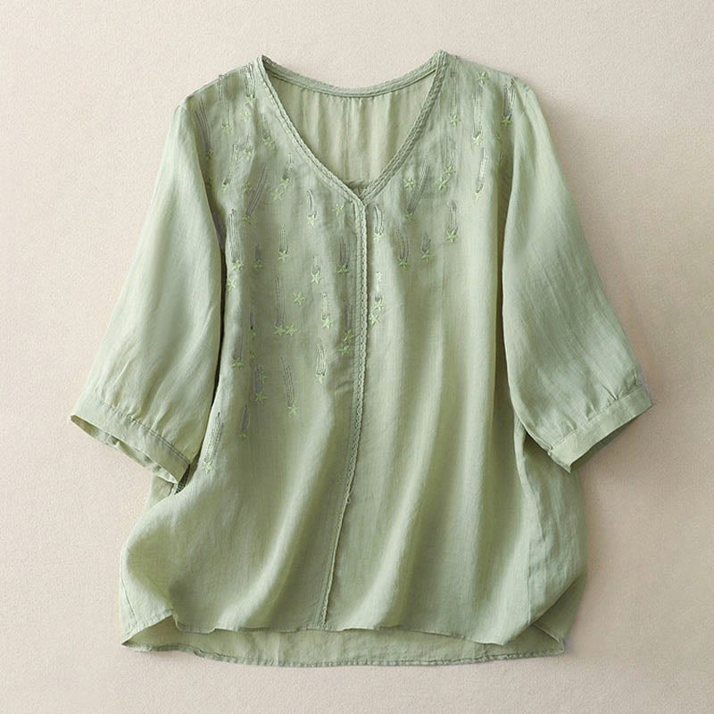 Camisa informal de lino y algodón para mujer con cuello en V, media manga y bordado de estrellas fugaces de Buddha Stones