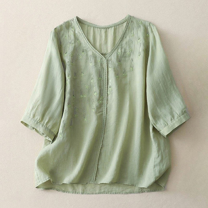 Camisa informal de lino y algodón para mujer con cuello en V, media manga y bordado de estrellas fugaces de Buddha Stones