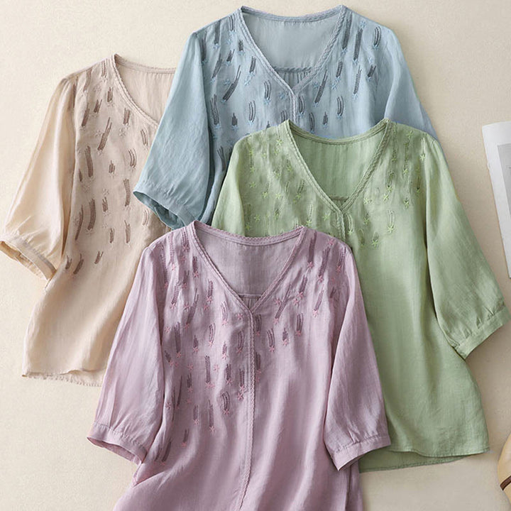 Camisa informal de lino y algodón para mujer con cuello en V, media manga y bordado de estrellas fugaces de Buddha Stones