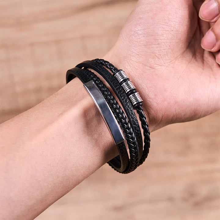 Pulsera de cuero, titanio, acero y hebilla magnética tejida a mano con Buddha Stones