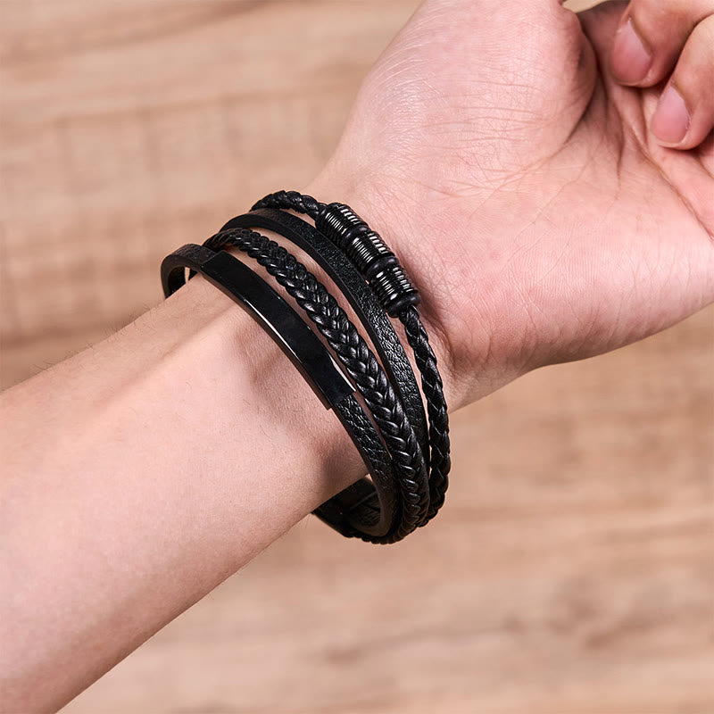 Pulsera de cuero, titanio, acero y hebilla magnética tejida a mano con Buddha Stones