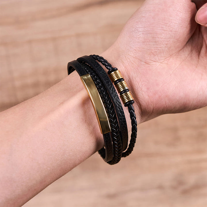 Pulsera de cuero, titanio, acero y hebilla magnética tejida a mano con Buddha Stones