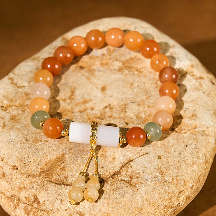 Pulsera de la suerte con cuentas de jade de seda dorada y calabaza de cristal blanco y Buddha Stones