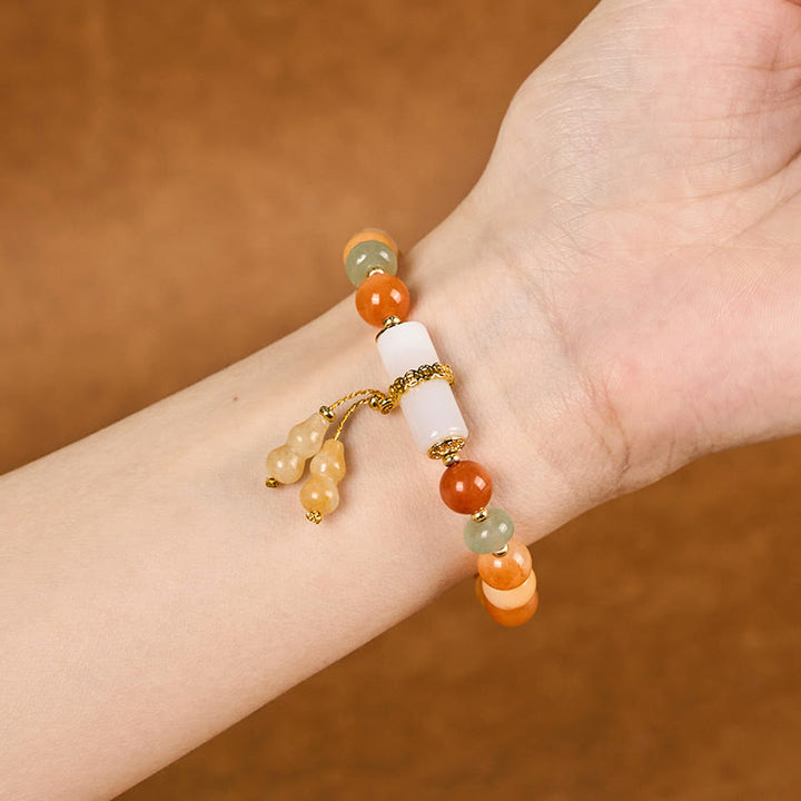 Pulsera de la suerte con cuentas de jade de seda dorada y calabaza de cristal blanco y Buddha Stones