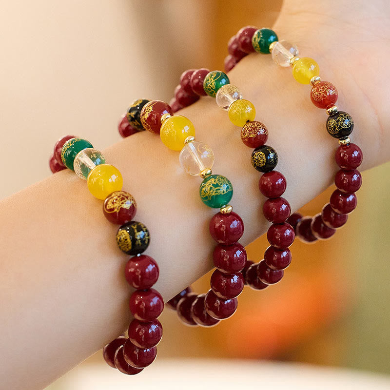 Pulsera de Buddha Stones, ágata cinabrio, bendición de los dioses de la riqueza de las cinco direcciones