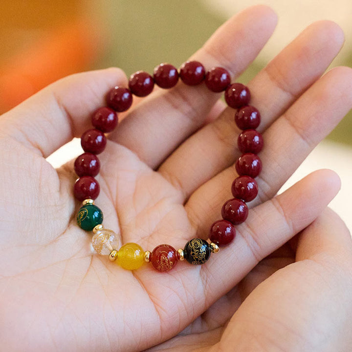 Pulsera de Buddha Stones, ágata cinabrio, bendición de los dioses de la riqueza de las cinco direcciones