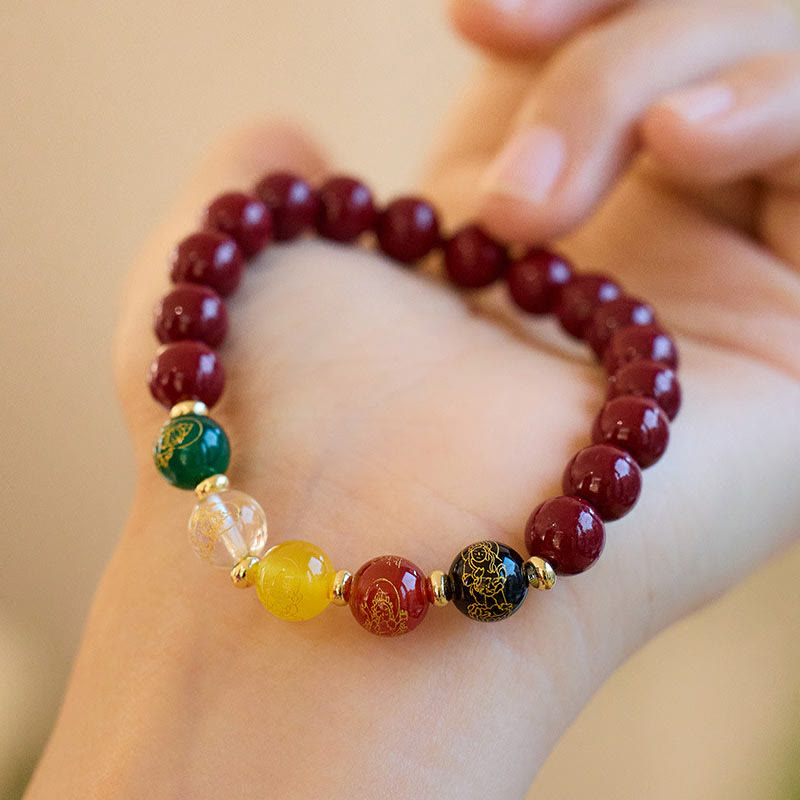 Pulsera de Buddha Stones, ágata cinabrio, bendición de los dioses de la riqueza de las cinco direcciones