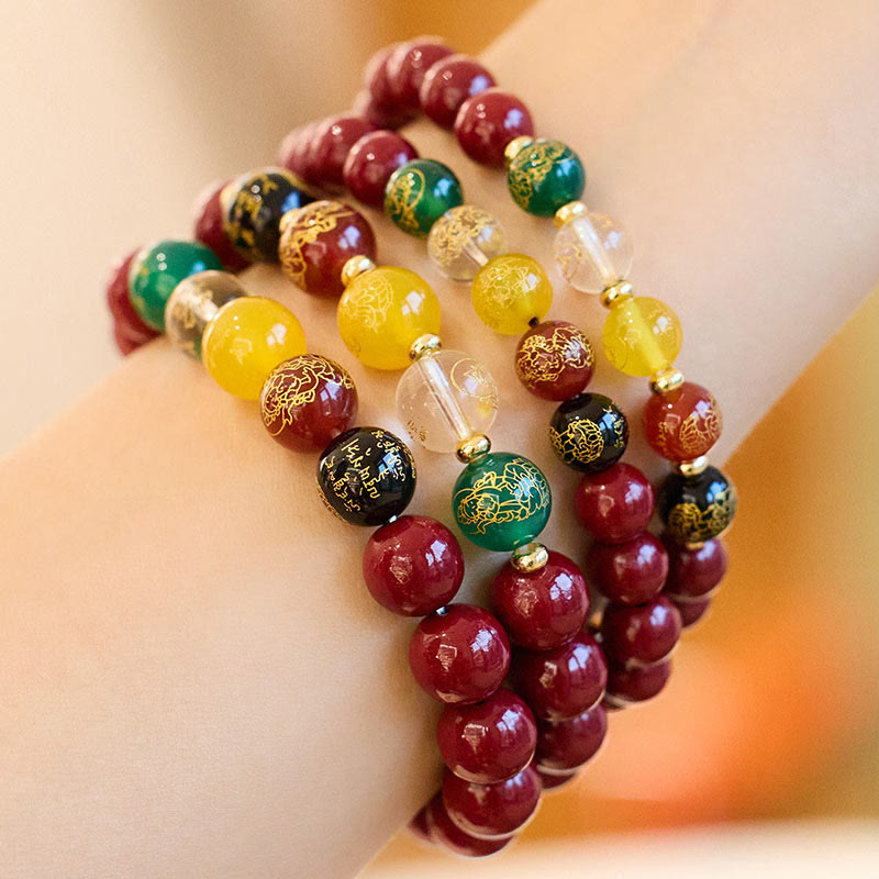 Pulsera de Buddha Stones, ágata cinabrio, bendición de los dioses de la riqueza de las cinco direcciones