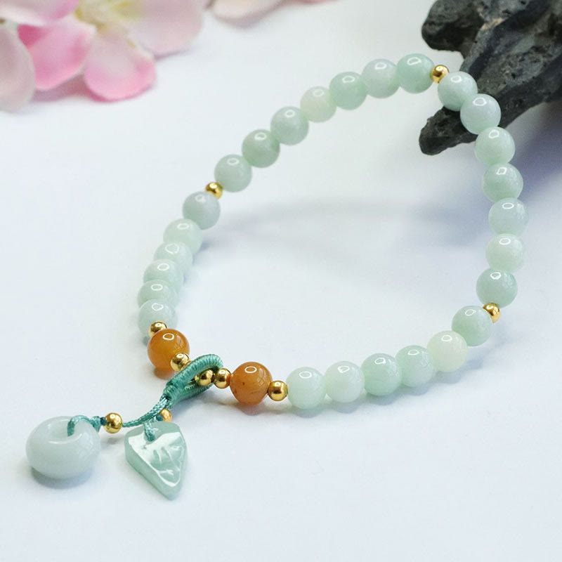 Pulsera de prosperidad con hebilla de paz y hojas de jade y Buddha Stones