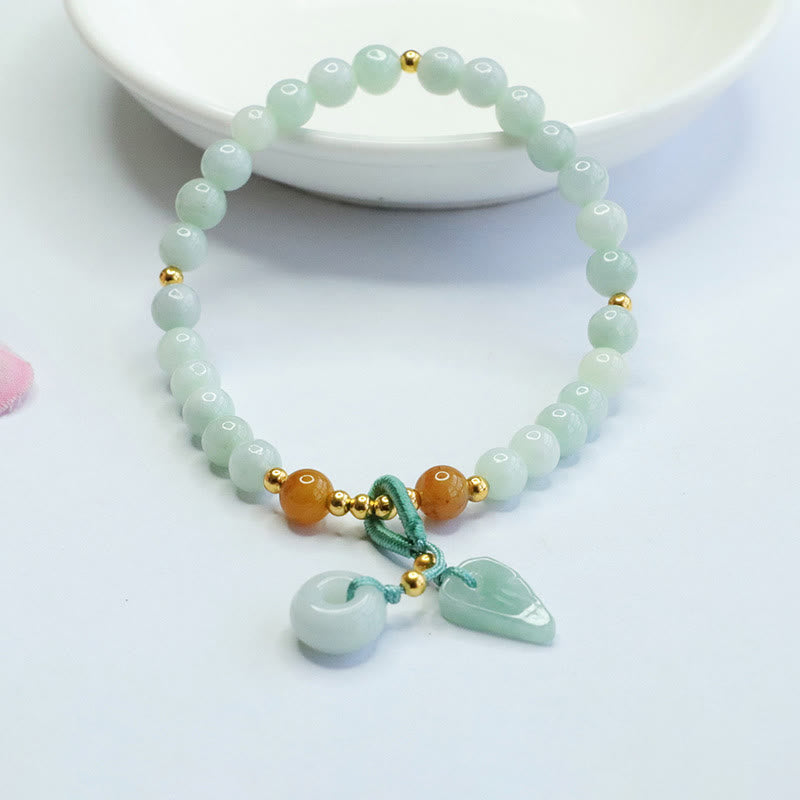Pulsera de prosperidad con hebilla de paz y hojas de jade y Buddha Stones