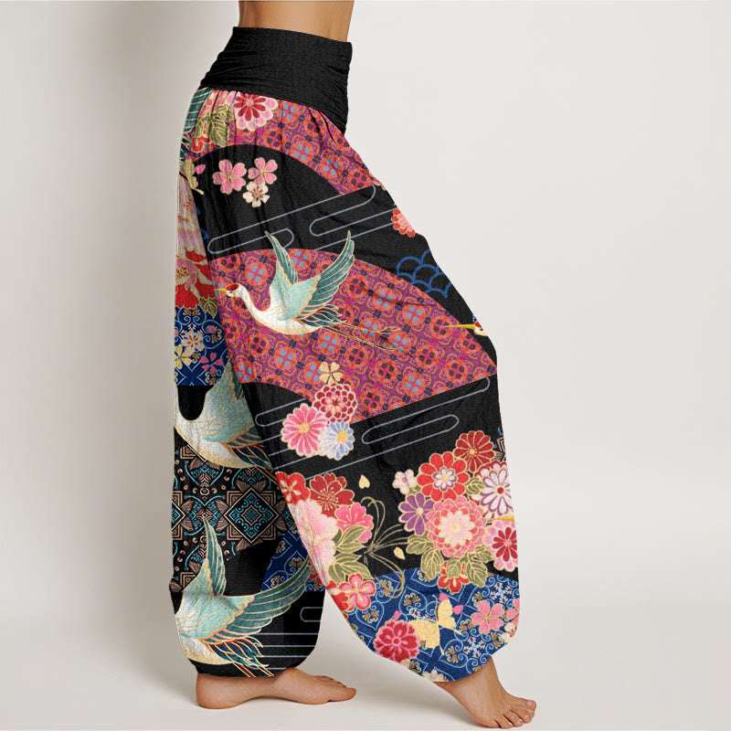 Pantalones harén con cintura elástica para mujer con estampado de flores y grullas de Buddha Stones - image 3