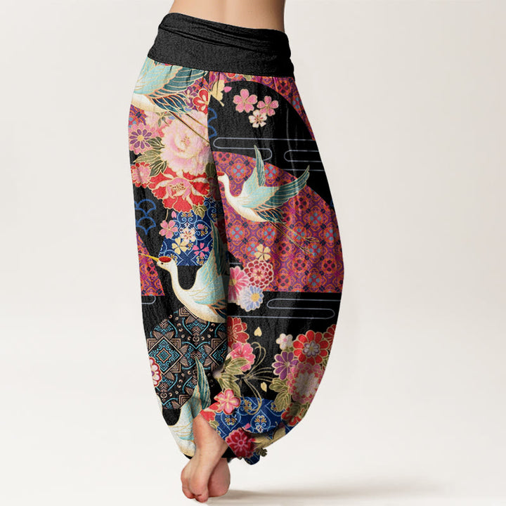 Pantalones harén con cintura elástica para mujer con estampado de flores y grullas de Buddha Stones - image 2