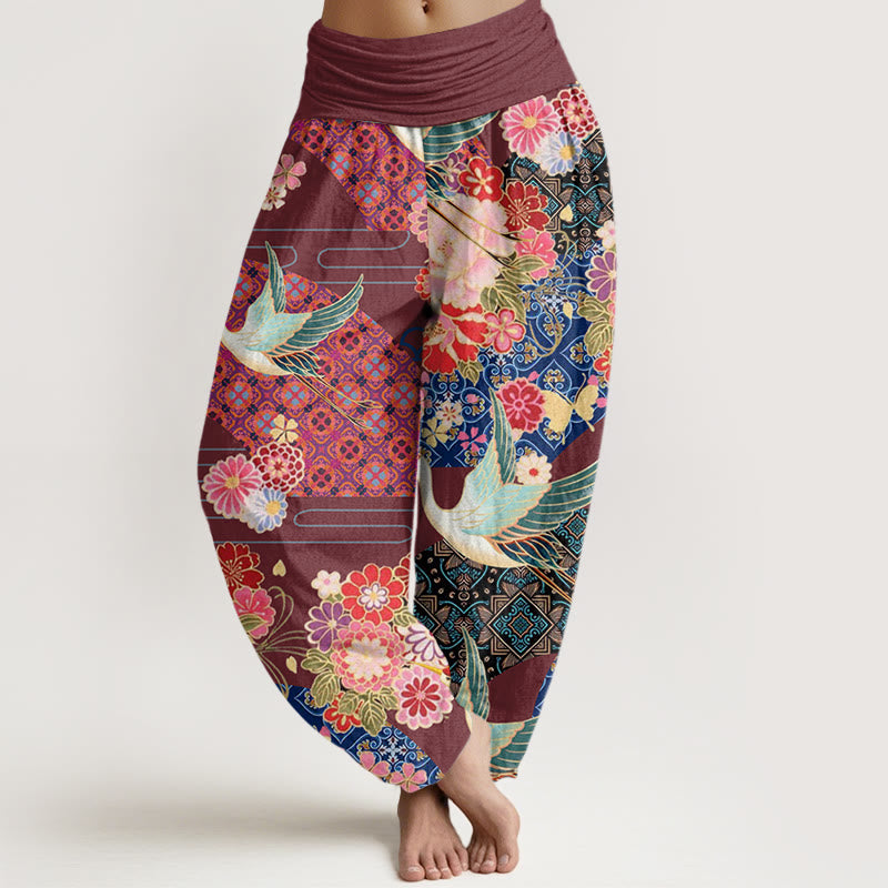 Pantalones harén con cintura elástica para mujer con estampado de flores y grullas de Buddha Stones - Marrón - US22，UK/AU26，EU54 (6XL) - image 5