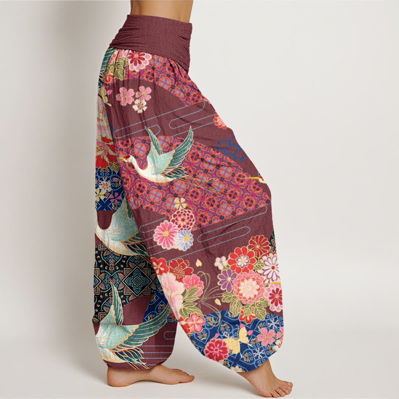 Pantalones harén con cintura elástica para mujer con estampado de flores y grullas de Buddha Stones - image 7