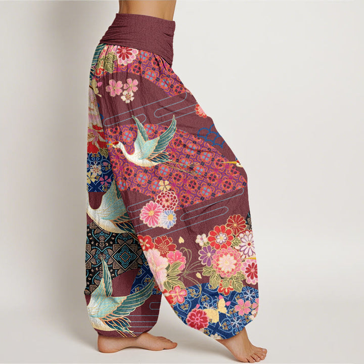 Pantalones harén con cintura elástica para mujer con estampado de flores y grullas de Buddha Stones - image 7