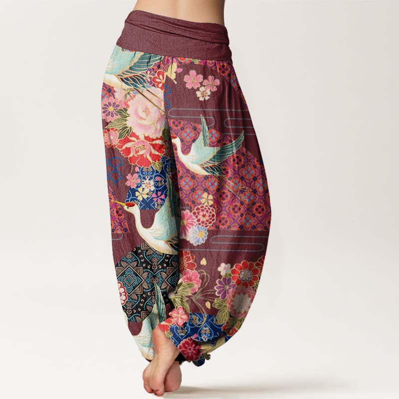 Pantalones harén con cintura elástica para mujer con estampado de flores y grullas de Buddha Stones - image 6