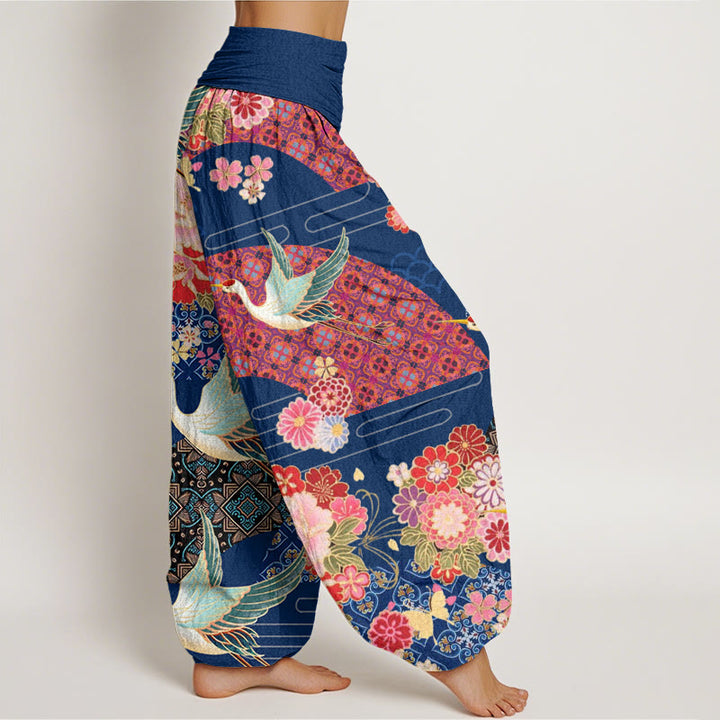 Pantalones harén con cintura elástica para mujer con estampado de flores y grullas de Buddha Stones - image 10