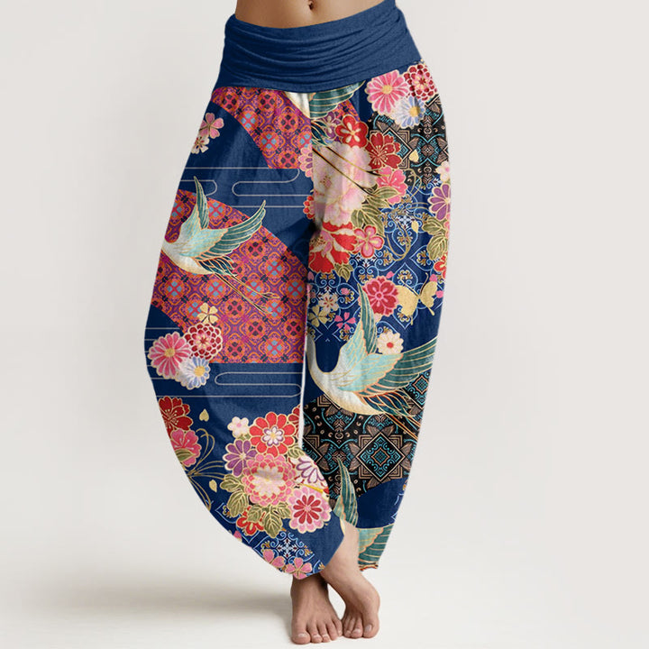 Pantalones harén con cintura elástica para mujer con estampado de flores y grullas de Buddha Stones - Azul acero - US22，UK/AU26，EU54 (6XL) - image 8