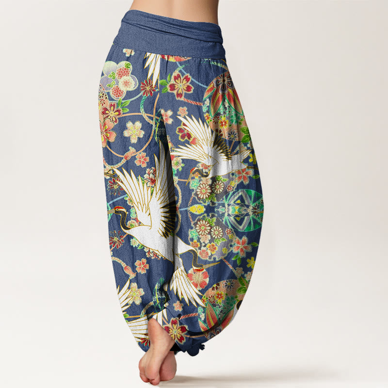Pantalones harén para mujer con cintura elástica y estampado floral geométrico con grullas y Buddha Stones - image 1