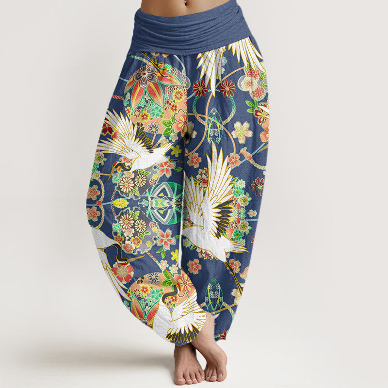 Pantalones harén para mujer con cintura elástica y estampado floral geométrico con grullas y Buddha Stones - Azul real - US22，UK/AU26，EU54 (6XL) - image 1
