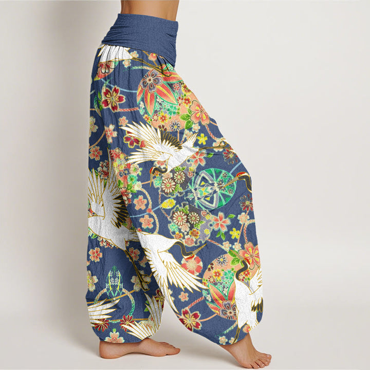 Pantalones harén para mujer con cintura elástica y estampado floral geométrico con grullas y Buddha Stones - image 2