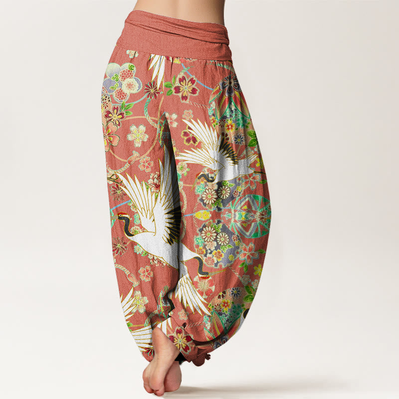 Pantalones harén para mujer con cintura elástica y estampado floral geométrico con grullas y Buddha Stones - image 6