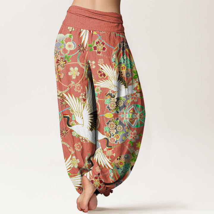 Pantalones harén para mujer con cintura elástica y estampado floral geométrico con grullas y Buddha Stones - image 6