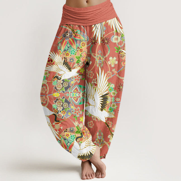 Pantalones harén para mujer con cintura elástica y estampado floral geométrico con grullas y Buddha Stones - Naranja oscuro - US22，UK/AU26，EU54 (6XL) - image 4